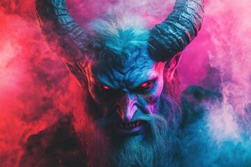 Scary devil with horns emerging from red and blue smoke