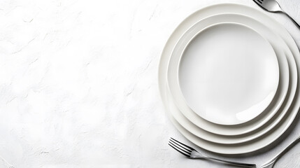 Aufkleber - A minimalist arrangement of white plates stacked together, accompanied by silver forks, set against a textured white background