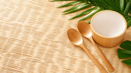 Aufkleber - A serene arrangement featuring bamboo utensils and a bowl on a textured surface, complemented by lush green leaves