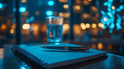 Poster - Notebook, pen, and water glass on table at night.