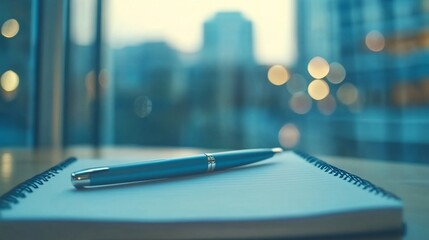 Poster - Pen rests on notebook near window with city view.