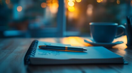 Poster - Notebook, pen, and coffee cup on a table at dusk.