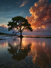 Wall Mural - Tree on salt island under radiant sky.