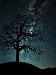 Wall Mural - Tree silhouette against a starry night in 3D.