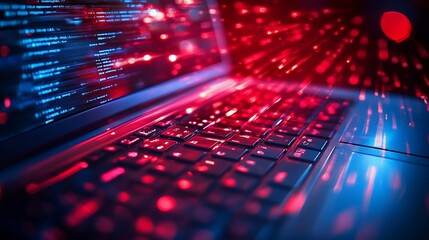 Poster - Laptop displaying code with red and blue light streaks.