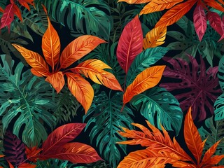 Sticker - Tropical leaves in bright colors, summer banner format.