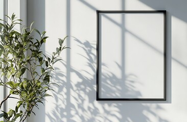 Aufkleber - A minimalist scene featuring a blank frame on a wall, complemented by a leafy plant and shadows creating a serene atmosphere.