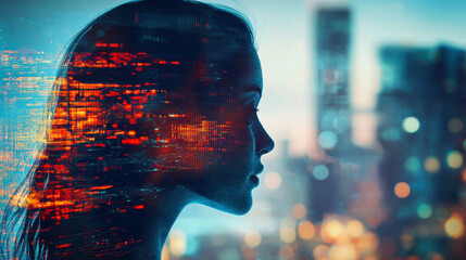 Poster - Silhouette of a woman with digital overlay against a city skyline at dusk showcasing technology and innovation