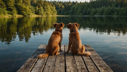 Sticker - Two dogs resting on a dock by a tranquil lake.