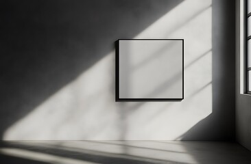 Poster - A minimalist room features a blank frame on the wall, illuminated by natural light through a window, casting soft shadows.
