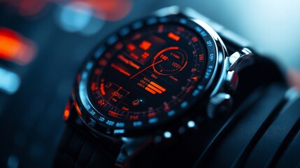 Poster - Close-up of a modern smartwatch with a digital display showing various metrics.