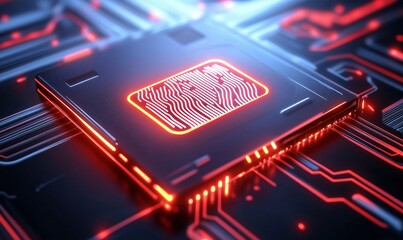 Poster - Futuristic microchip with glowing circuitry, intricate patterns, vibrant red and blue colors, high-tech design, digital technology, modern electronics