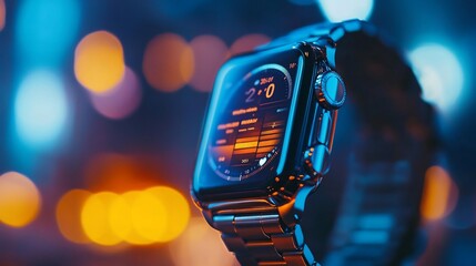 Poster - Smartwatch with music app displayed, bokeh background.