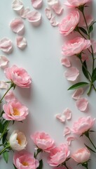 Wall Mural - A stunning arrangement of soft pink peonies frames a serene white background, creating a tranquil and romantic atmosphere. Scattered petals add a touch of whimsy, enhancing the floral elegance and