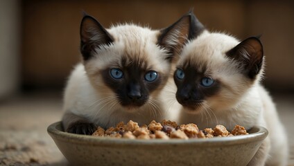 Wall Mural - Two Siamese kittens eating from a bowl with a blurred background.