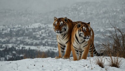 Wall Mural - Two Siberian tigers on a snowy hill.