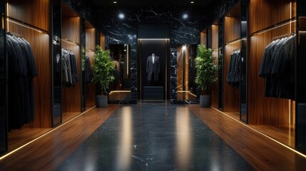 Poster - A large room with a black marble floor and wooden shelves