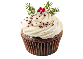 Wall Mural - A festive cupcake topped with white frosting and a tiny red-and-green decoration, captured in high detail with HDR quality, set against a clean white background, perfect for holiday-themed designs.

