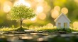 © DesignHubpro - A tree growing on a stack of coins and a model of a small house, a real estate business idea. And the idea of ​​saving or investing to buy an eco-friendly home.