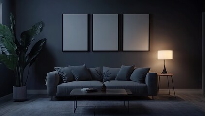 Poster - A modern living room with a dark color scheme, featuring a cozy couch, a table, a lamp, and wall frames, softly illuminated by ambient lighting.