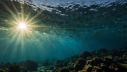 Wall Mural - Underwater view with sunbeams breaking through the water.