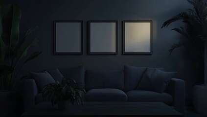 Poster - A dark, cozy living room featuring a couch, plants, and three blank frames on the wall, evoking a serene and minimalist atmosphere.