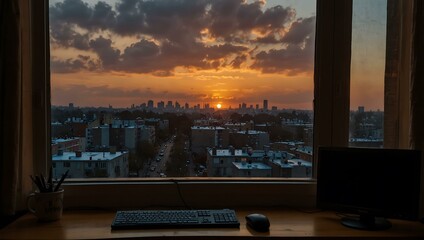 Wall Mural - Urban sunset from a window with computer setup.