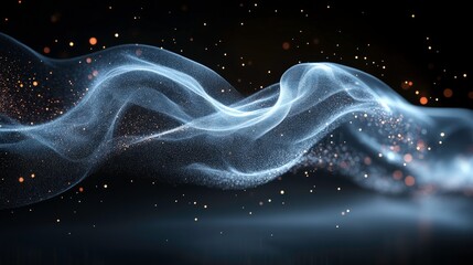 Poster - Ethereal wisps of light and shimmering particles flow gracefully in a dark atmosphere, creating a dreamy and captivating visual experience ideal for artistic and abstract backgrounds.