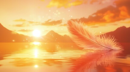 Poster - Serene Feather Floating on a Tranquil Sunset Lake