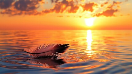 Poster - Serene Sunset with Feather on Water Surface