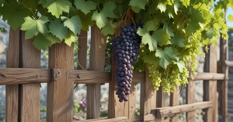 Wall Mural - A bunch of grapes with leaves growing in the garden on a wooden trellis, vines, botanical