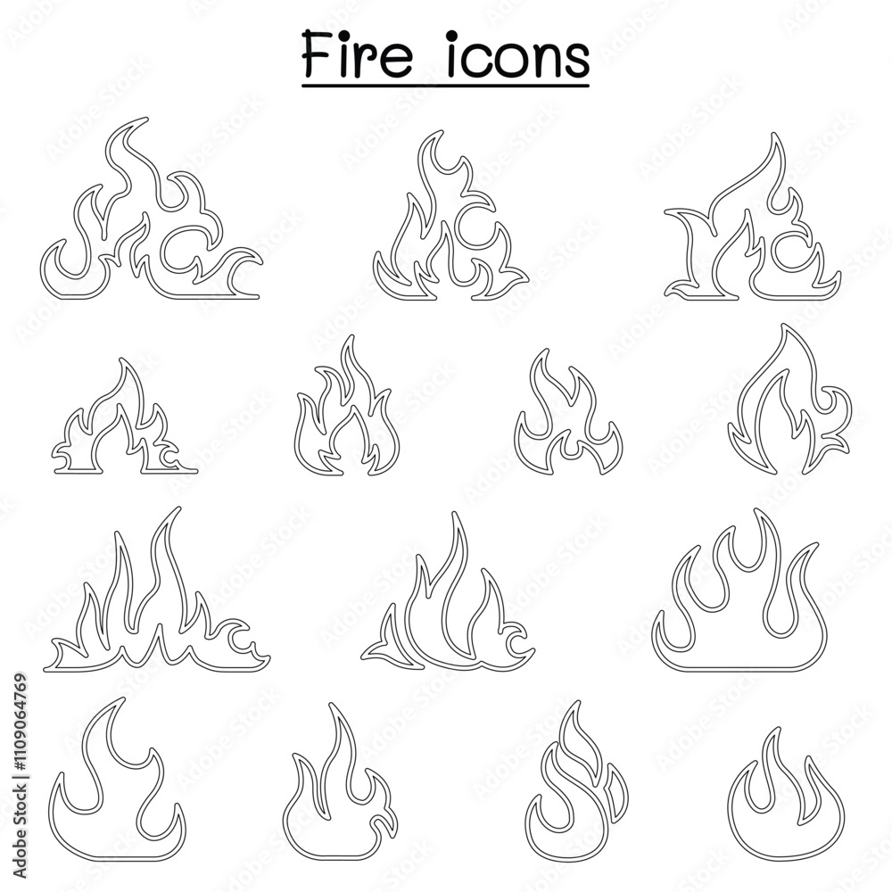 Fire icon set in thin line style Stock Vector | Adobe Stock