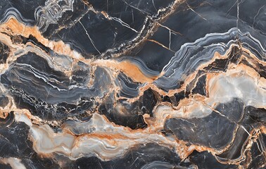 Poster - A striking close-up of a polished agate stone, featuring swirling patterns of black, gray, and orange hues that create an elegant natural design.