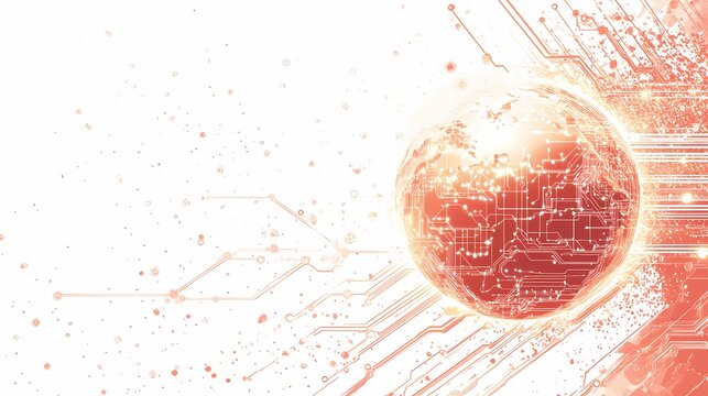 Abstract Representation of a Digital Sphere Surrounded by Circuit Lines and Data Streams in Warm Colors, Symbolizing Technology and Innovation