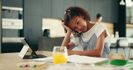 Poster - Thinking, tablet and bored child with homework in house for e learning notes, math or study for online course. Frustrated student, confused girl and tired kid with book, adhd or school project ideas