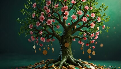 Wall Mural - Vibrant green tree with blossoms and fantasy coins.