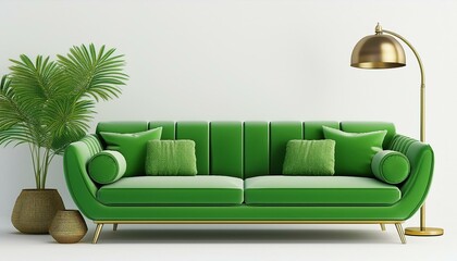 Wall Mural - green sofa and plant lamp decor accessories isolated on white background 3d rendering