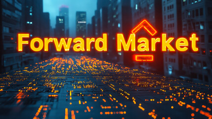 Poster - futuristic digital forward market concept in urban cityscape with technology elements