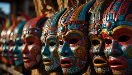 Vibrant, colorful tribal masks for artistic expression.