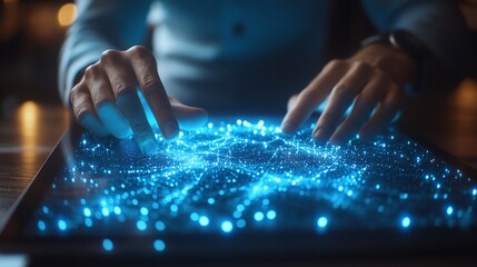 Poster - Close-up of hands interacting with a glowing digital interface on a tablet.