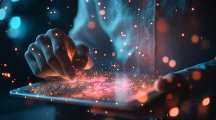 Aufkleber - Hands interacting with glowing tablet screen, futuristic technology concept.