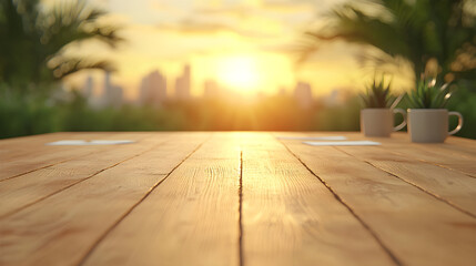 Wall Mural - Warm sunset view from a wooden table in a serene setting