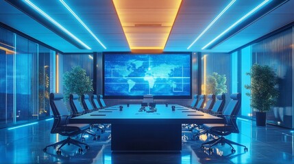 Poster - Futuristic conference room with a large screen displaying a world map, illuminated by blue and orange neon lights.