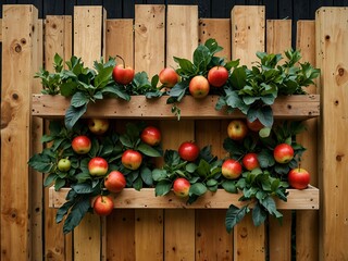 Wall Mural - Vertical garden with apples and wood slats.