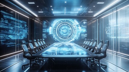 Poster - Futuristic conference room with holographic display and interactive table.