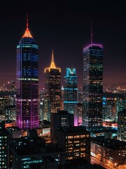 Wall Mural - Vibrant city skyline with neon lights at night.