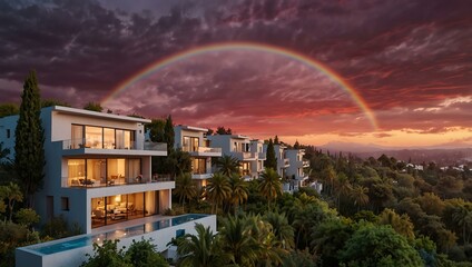 Wall Mural - Vibrant pink sunset sky with rainbow over forest and villas