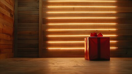 Wall Mural - Elegant red gift box against a warm wooden backdrop