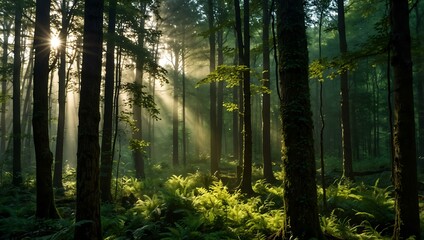 Wall Mural - View of a green forest illuminated by sunlight.