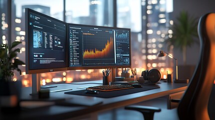 Poster - Modern office workspace with dual monitors displaying data analytics and charts at night.
